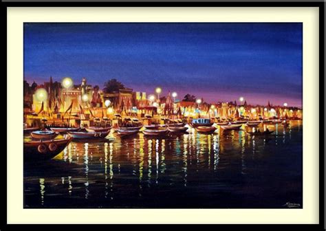 Beauty of Night Varanasi Ghats | Acrylic On Canvas | Landscape | SA ...