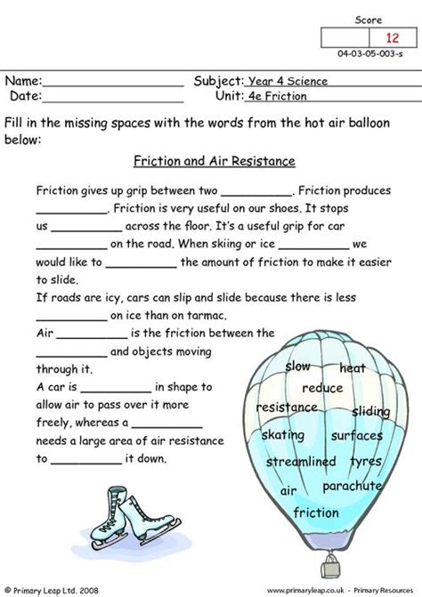 Friction And Air Resistance | Worksheets Samples