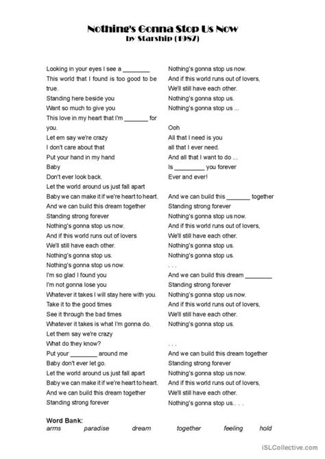 Nothing's Gonna Stop Us Now warmer,…: English ESL worksheets pdf & doc