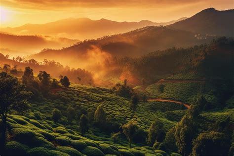 Premium AI Image | Sunrise over the tea plantations in munnar