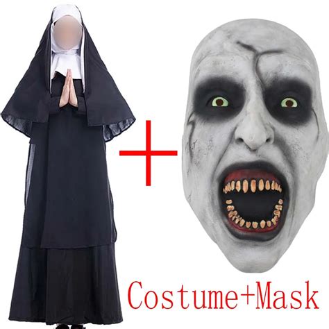 2018 Movie The Nun Costume Mask Cosplay Adult Long Black Scary Nuns Ghost Clothes Uniform Horror ...