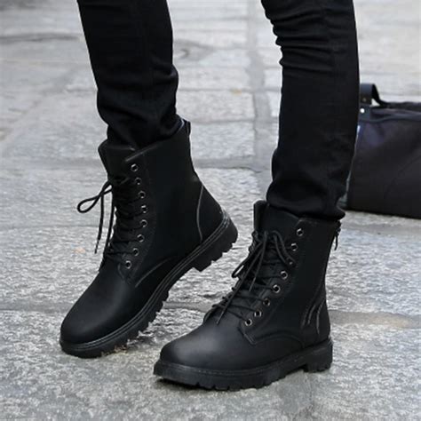 2018 spring men's leather shoes fashion black Martin boots increase ...