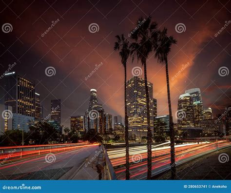 Cityscape in Night Time in Los Angeles with Road and Highway Stock ...