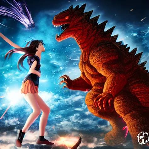 A giant anime girl fighting Godzilla in Tokyo,digital | Stable Diffusion