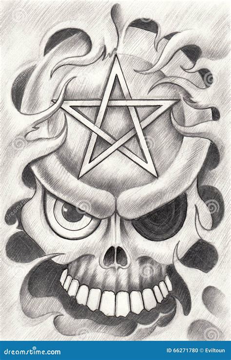 Art Skull Pentagram Tattoo. Stock Illustration - Illustration of black ...