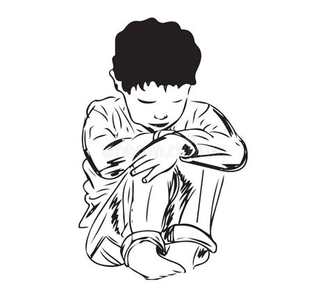 Sketch Drawing of Young Kid Sitting in Sad Pose, Line Art Illustration of Kid Sitting in ...