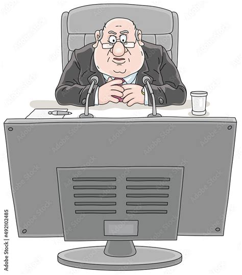 Angry fat government official at an online conference, sitting at a desk in front of a computer ...