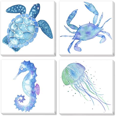 Buy TEXTURE OF DREAMS Watercolor Sea Animals Painting on Canvas Wall Art, Sea Turtle Seahorse ...