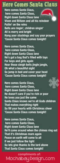 Print Here Comes Santa Claus Christmas Song Lyrics Bookmark