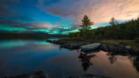 starry, night sky, norway, aurora borealis, ringerike, lake, starry ...