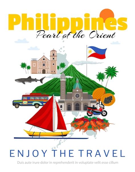 Free Vector | Travel to philippines poster with national flag and landmarks