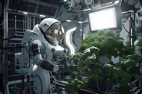 Premium Photo | Astronaut working on a space station with plants in the ...