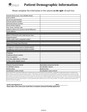 Fillable Online Trinity Physical Therapy Demographic Form.xlsx Fax Email Print - pdfFiller