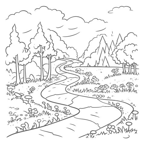 Road Leading Into The Forest With Trees Coloring Page Outline Sketch Drawing Vector, Tree ...