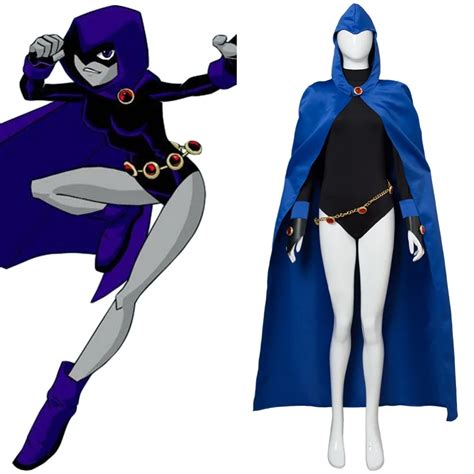 DC Comics Teen Titans Costume The Raven Cosplay Costume Full Sets Uniform With Robe Halloween ...