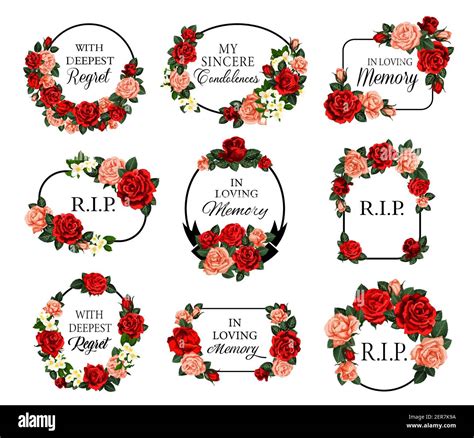 Funeral frames with red roses flowers and condolences. Obituary memorial vector frames with RIP ...