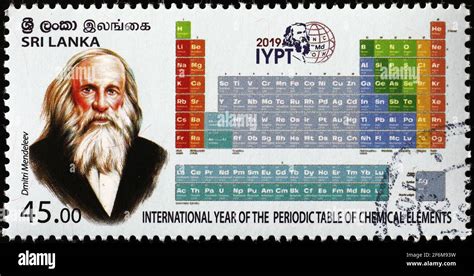 Dmitri Mendeleev and his periodic table of elements on stamp Stock ...