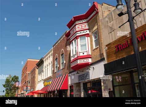 DeKalb, Illinois - United States - August 15th, 2023: Exterior of downtown buildings and ...