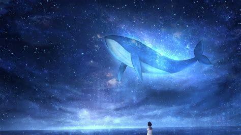 luminos, whale, girl, anime, manga, sky, white, blue HD Wallpaper