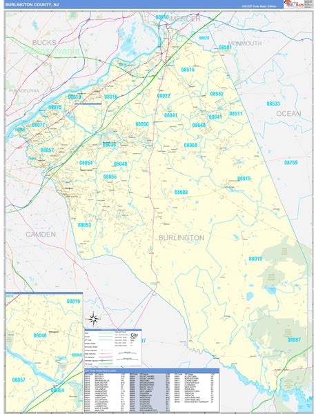 Burlington County, NJ Zip Code Wall Map Basic Style by MarketMAPS ...