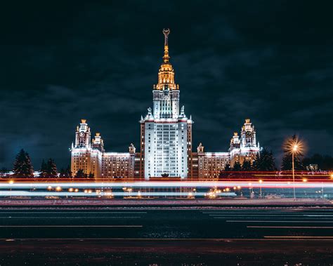 White concrete building, Russia, Moscow, lights, night HD wallpaper | Wallpaper Flare