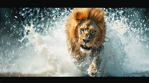 High Speed Lion Running through Water. Generative AI Stock Illustration ...