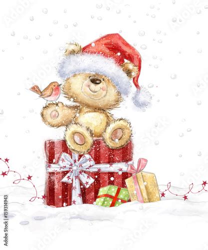 Cute teddy bear with christmas gifts in the Santa hat. Hand drawn teddy ...