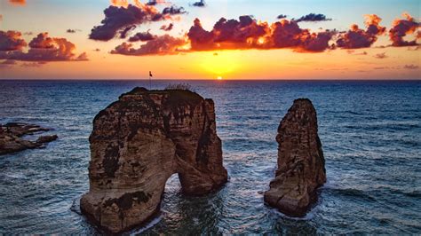 wallpaper raouche rocks, beirut, lebanon, sea, sunset HD : Widescreen : High Definition : Fullscreen