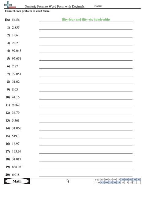 Numeric Form To Word Form With Decimals Worksheet With Answer Key printable pdf download