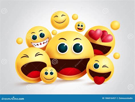 Smiley Emoji Group Vector Design. Emojis Yellow Smiley Face of Friends ...