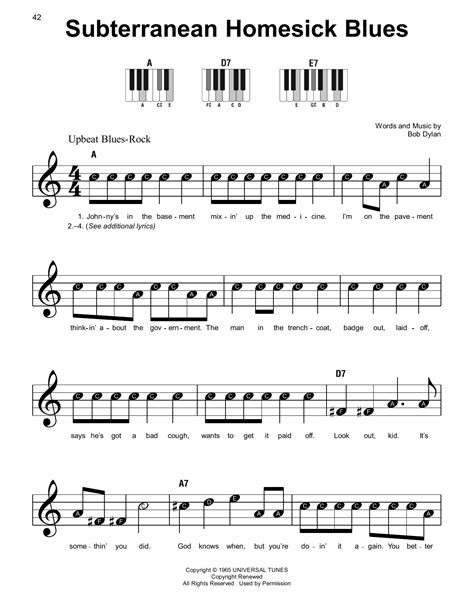 Subterranean Homesick Blues by Bob Dylan Sheet Music for Super Easy Piano at Sheet Music Direct