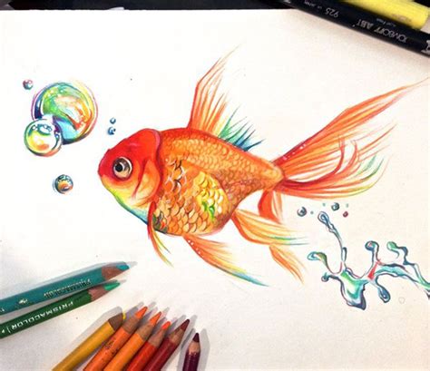 Marker Drawing of a Goldfish with Bubbles and Water