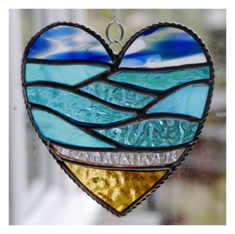 Sea Heart Suncatcher Stained Glass Beach Seaside Blue Sky | Stained glass suncatchers, Stained ...