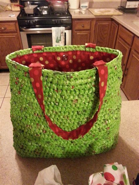 Amanda's plarn flat bottomed crochet bag with fabric liner and magnetic clasp, inspired by ...