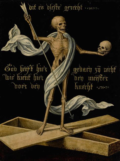 NETHERLANDISH SCHOOL, MID-16TH CENTURY | A SKELETON STANDING ON AN OPEN COFFIN HOLDING A SKULL ...