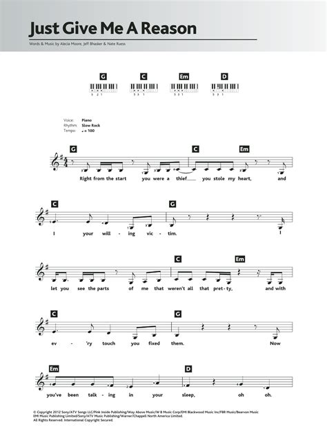 Just Give Me A Reason (featuring Nate Ruess) Sheet Music | Pink | Piano Chords/Lyrics