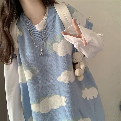 itGirl Shop | BLUE CLOUDS CUTE AESTHETIC LOOSE KNIT VEST SWEATER