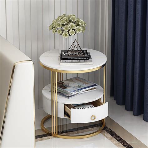 Modern White Round Nightstand with Marble-Top & Drawer & Shelf in Gold Base | Table de chevet ...