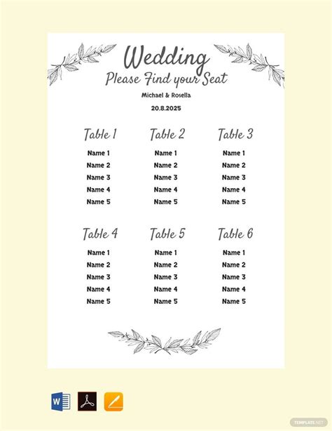 Printable Wedding Seating Chart Template in Word, PDF, Pages, Google ...