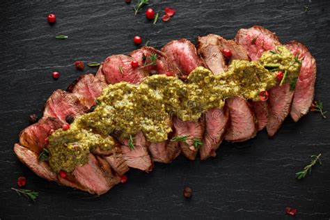 Medium Rare Venison Steak with Green Pesto Sauce and Pepper Stock Photo - Image of filet, grill ...