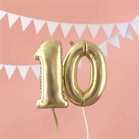 Happy 10th Birthday Party Celebration Gold Balloon and Bunting. 3D Render Stock Illustration ...