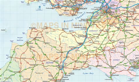 South West England County Road & Rail Map with Regular relief @1m scale ...