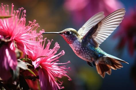 Premium AI Image | Hummingbird hovering next to flowers Generative AI