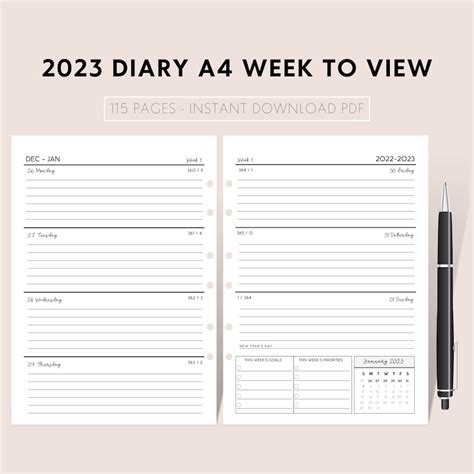 2023 Diary A4 Week to View 2023 Printable Planner 2023 - Etsy France