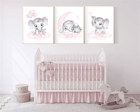 Nursery wall art girl elephant, pink and grey, nursery decor girl pink ...