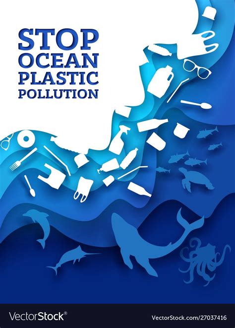 Stop ocean plastic pollution, vector illustration in paper art style. Marine animals and plastic ...