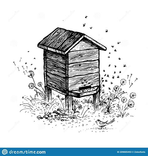 Illustration about Bee hive drawing. A collection of farm products ...