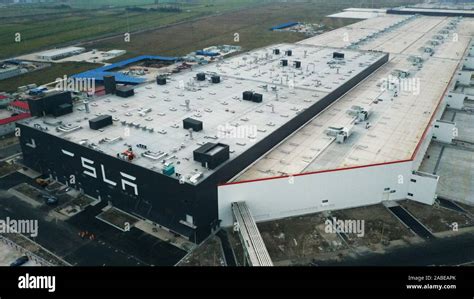 An aerial view of Tesla Gigafactory 3, a factory currently under ...