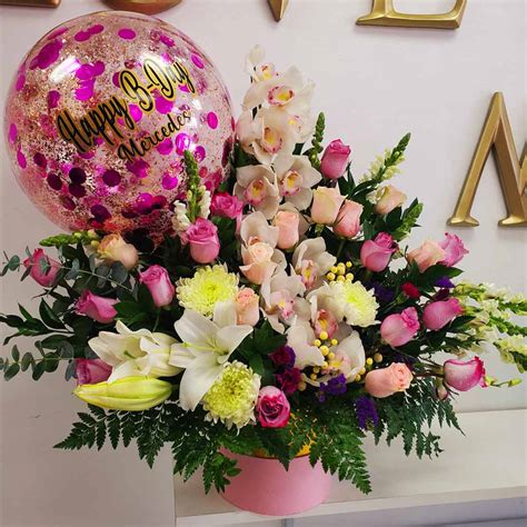 052 Happy Birthday Flower Arrangement with Orchids, Roses, Lilies and a ...