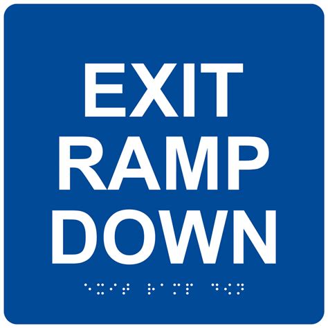 ADA Exit Ramp Down Braille Sign RRE-14794_WHTonBLU Enter / Exit